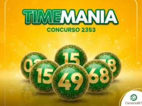 Imagem da Timemania concurso 2353 com fundo amarelo vibrante e letras verdes, mostrando bolas de sorteio verdes com glitter e números dourados.