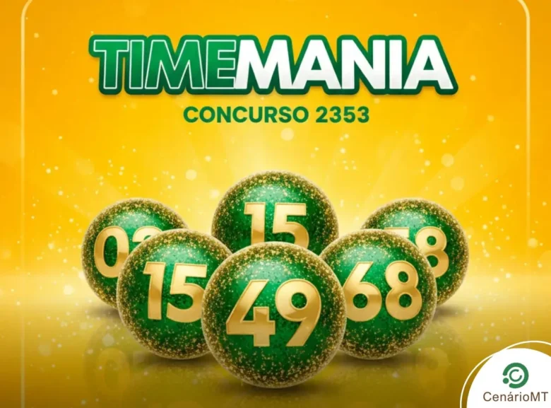 Imagem da Timemania concurso 2353 com fundo amarelo vibrante e letras verdes, mostrando bolas de sorteio verdes com glitter e números dourados.