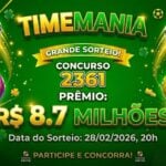 Banner da Timemania, concurso 2361, prêmio de 8.7 milhões de reais. Fundo verde com ícones de futebol.