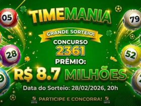 Resultado da Timemania 2361: veja os números e o Time do Coração deste sábado (28) 3 Banner da Timemania, concurso 2361, prêmio de 8.7 milhões de reais. Fundo verde com ícones de futebol.