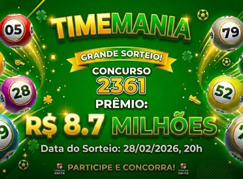 Banner da Timemania, concurso 2361, prêmio de 8.7 milhões de reais. Fundo verde com ícones de futebol.