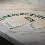 Vários volantes de aposta da Mega-Sena espalhados em leque sobre uma bancada de mármore branco luxuosa com iluminação natural.