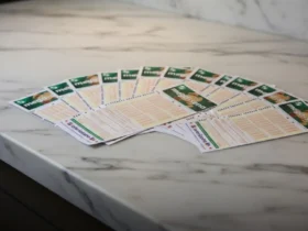 Mega-Sena 2988 promete R$ 13 milhões e movimenta apostas com novas estratégias para o sorteio 26 Vários volantes de aposta da Mega-Sena espalhados em leque sobre uma bancada de mármore branco luxuosa com iluminação natural.