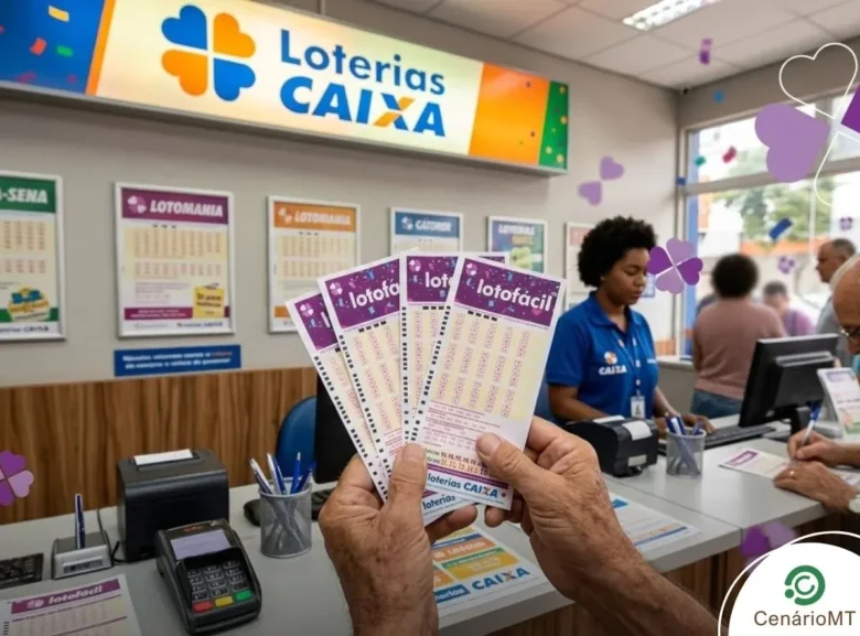 Pessoa segurando vários bilhetes da Lotofácil 3630 em uma casa lotérica para o sorteio de hoje.