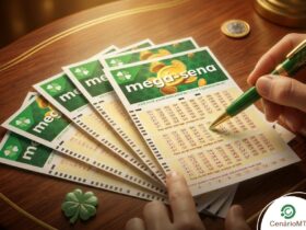 Mega-Sena acumula e prêmio sobe para R$ 13 milhões; aposta quase leva fortuna e ganha mais de R$ 65 mil 29 Volantes da Mega-Sena sobre uma mesa de madeira com trevos da sorte e uma caneta verde, ilustrando o sorteio de hoje.