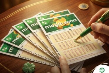 Mega-Sena acumula e prêmio sobe para R$ 13 milhões; aposta quase leva fortuna e ganha mais de R$ 65 mil 15 Volantes da Mega-Sena sobre uma mesa de madeira com trevos da sorte e uma caneta verde, ilustrando o sorteio de hoje.