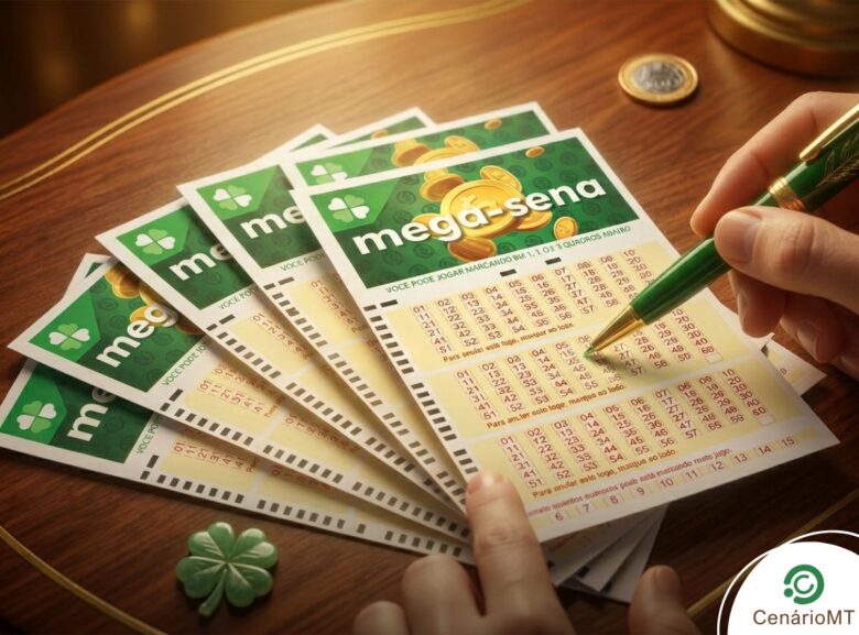 Mega-Sena acumula e prêmio sobe para R$ 13 milhões; aposta quase leva fortuna e ganha mais de R$ 65 mil 1 Volantes da Mega-Sena sobre uma mesa de madeira com trevos da sorte e uma caneta verde, ilustrando o sorteio de hoje.
