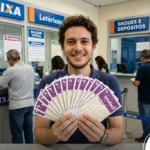 Homem sorridente segurando vários volantes da Lotofácil abertos em leque dentro de uma unidade das Loterias Caixa.