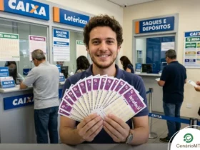 Homem sorridente segurando vários volantes da Lotofácil abertos em leque dentro de uma unidade das Loterias Caixa.