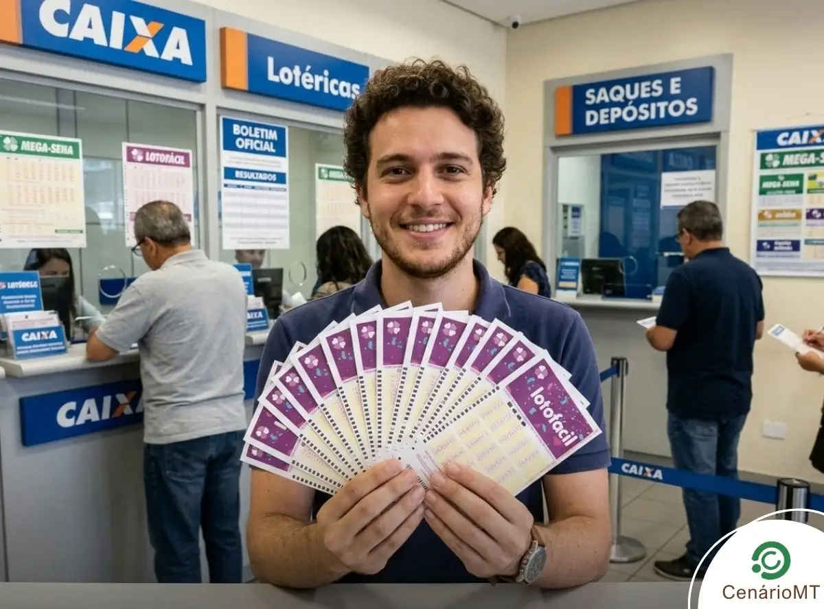 Homem sorridente segurando vários volantes da Lotofácil abertos em leque dentro de uma unidade das Loterias Caixa.