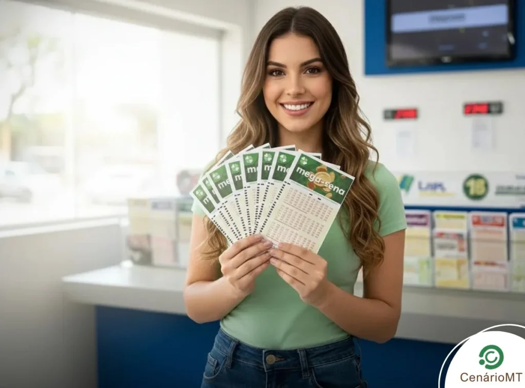 Mega-Sena 3047: Concurso de hoje sorteia prêmio estimado em R$ 50 milhões 11 Foto de mulher segurando bilhetes da mega-sena em lotérica
