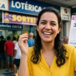 Mulher em frente à lotérica sorrindo e segurando bilhete de loteria