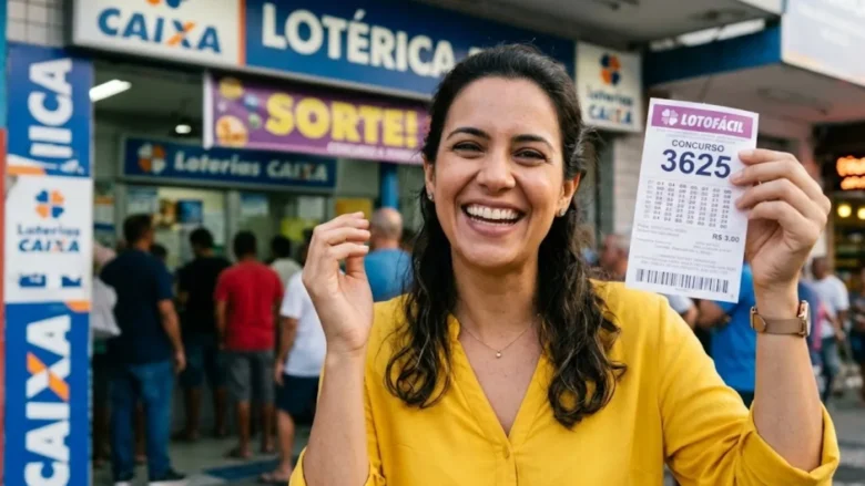 Mulher em frente à lotérica sorrindo e segurando bilhete de loteria