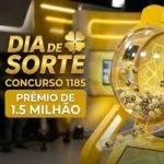 Globo de sorteio amarelo da Dia de Sorte com bolas numeradas e banner lateral contendo "DIA DE SORTE", "CONCURSO 1185" e "PRÊMIO DE 1.5 MILHÃO".