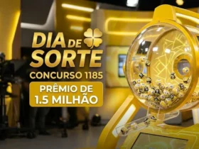 Globo de sorteio amarelo da Dia de Sorte com bolas numeradas e banner lateral contendo "DIA DE SORTE", "CONCURSO 1185" e "PRÊMIO DE 1.5 MILHÃO".