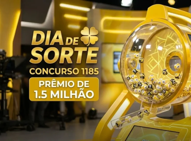 Globo de sorteio amarelo da Dia de Sorte com bolas numeradas e banner lateral contendo "DIA DE SORTE", "CONCURSO 1185" e "PRÊMIO DE 1.5 MILHÃO".