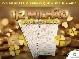 anner digital da loteria Dia de Sorte com a frase "1,2 MILHÃO PRÊMIO ESTIMADO" em letras douradas 3D, cercada por moedas, trevos e volantes da Caixa.