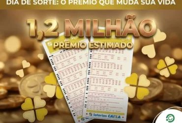 Confira os números da Dia de Sorte 1184: sorteio de R$ 1,2 milhão 6 anner digital da loteria Dia de Sorte com a frase "1,2 MILHÃO PRÊMIO ESTIMADO" em letras douradas 3D, cercada por moedas, trevos e volantes da Caixa.