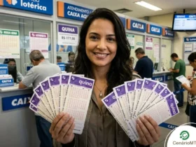 Mulher sorrindo e segurando diversos volantes da Quina em leque, com guichês de atendimento da Caixa ao fundo.