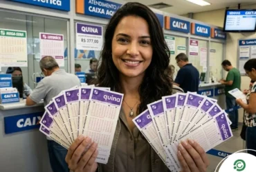 Quina de hoje: Confira os números sorteados (20/03/2026) 24 Mulher sorrindo e segurando diversos volantes da Quina em leque, com guichês de atendimento da Caixa ao fundo.