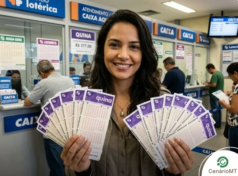 Quina de hoje: Confira os números sorteados (20/03/2026) 1 Mulher sorrindo e segurando diversos volantes da Quina em leque, com guichês de atendimento da Caixa ao fundo.
