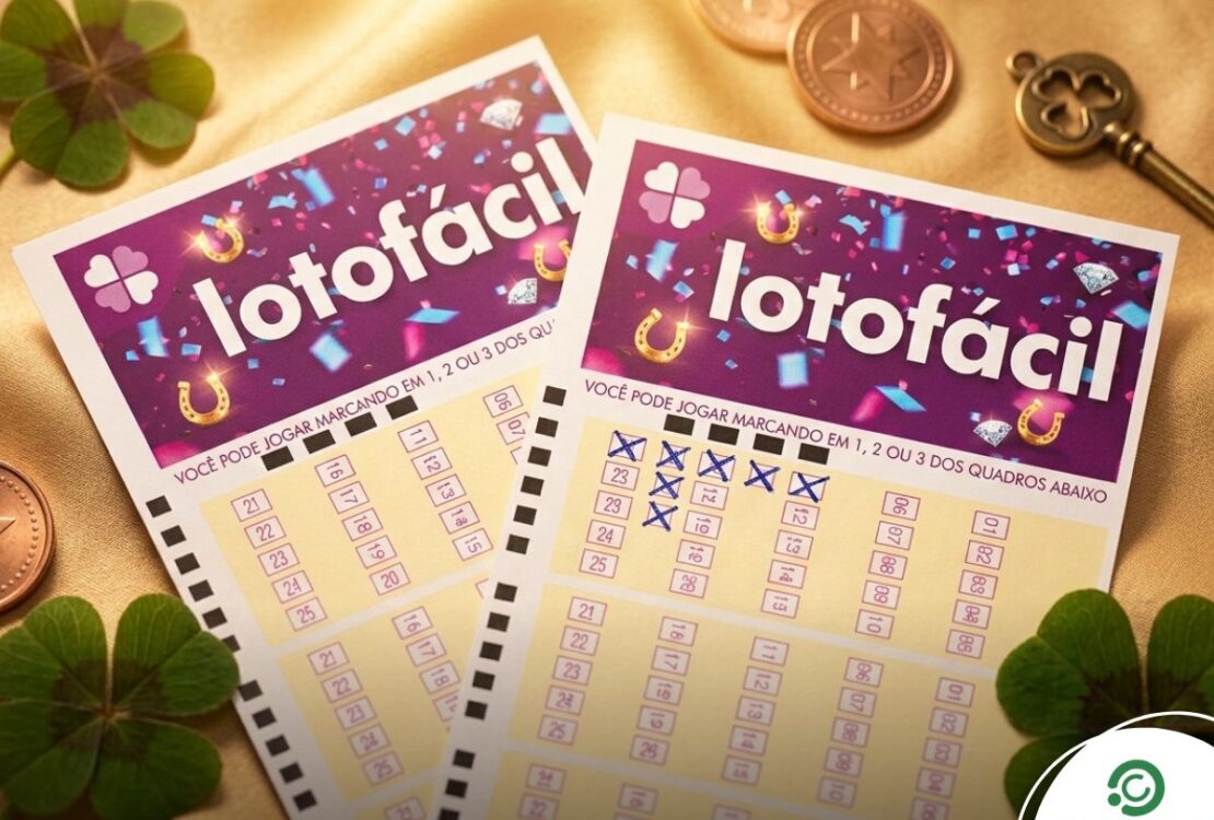 Dois volantes da Lotofácil em tons de roxo com moedas e trevos decorativos ao redor.