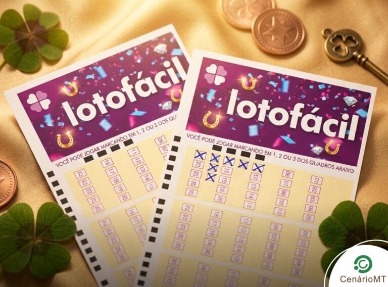 Dois volantes da Lotofácil em tons de roxo com moedas e trevos decorativos ao redor.