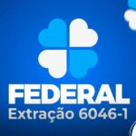 Logotipo da Loteria Federal com trevos de quatro folhas em tons de azul e branco, destacando o texto Federal Extração 6046-1 sobre fundo azul.