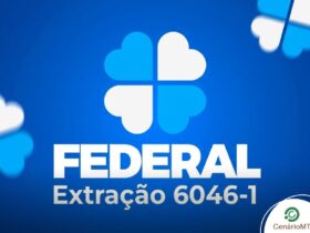 Logotipo da Loteria Federal com trevos de quatro folhas em tons de azul e branco, destacando o texto Federal Extração 6046-1 sobre fundo azul.
