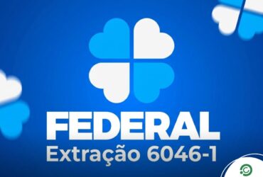 Resultado da Loteria Federal 6046 de hoje (04/03): Veja os bilhetes premiados 33 Logotipo da Loteria Federal com trevos de quatro folhas em tons de azul e branco, destacando o texto Federal Extração 6046-1 sobre fundo azul.