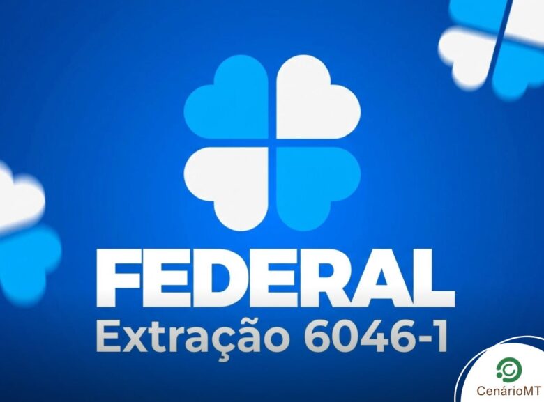 Resultado da Loteria Federal 6046 de hoje (04/03): Veja os bilhetes premiados 1 Logotipo da Loteria Federal com trevos de quatro folhas em tons de azul e branco, destacando o texto Federal Extração 6046-1 sobre fundo azul.