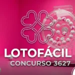 Arte da Lotofácil concurso 3627 com fundo rosa e globo de sorteio.