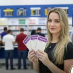 Mulher loira segurando três volantes da Lotofácil em uma unidade das Loterias Caixa.