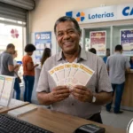 Homem segurando apostas da Lotomania 2897 dentro de uma agência lotérica.