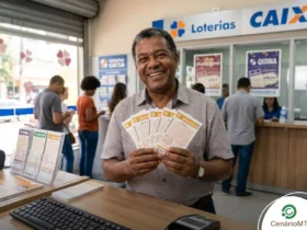 Homem segurando apostas da Lotomania 2897 dentro de uma agência lotérica.