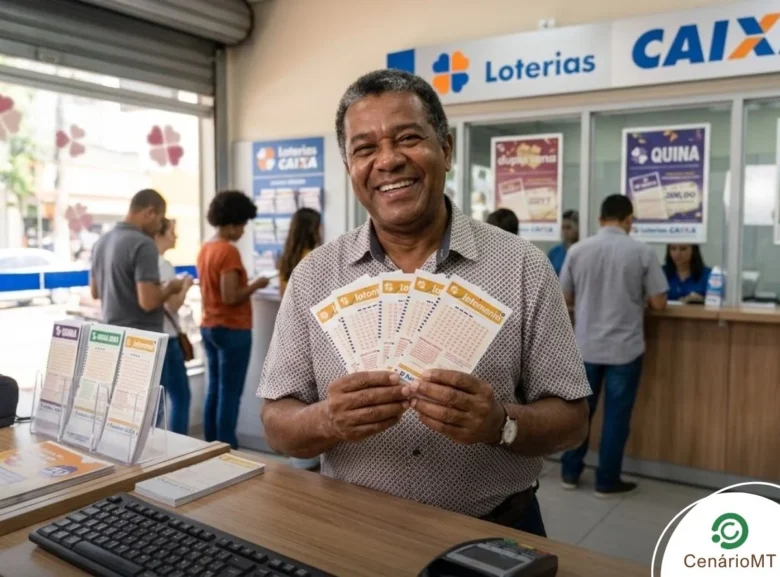 Resultado da Lotomania 2897: Confira os números sorteados 1 Homem segurando apostas da Lotomania 2897 dentro de uma agência lotérica.