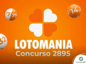 Cartaz laranja da Lotomania concurso 2895 com bolas de sorteio numeradas.