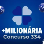 Logo da +Milionária concurso 334 em fundo azul com trevo de quatro folhas.