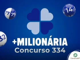 Logo da +Milionária concurso 334 em fundo azul com trevo de quatro folhas.