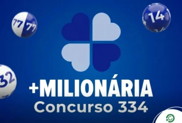 Resultado da +Milionária 334 hoje (04/03): Veja os números e os trevos sorteados 24 Logo da +Milionária concurso 334 em fundo azul com trevo de quatro folhas.