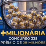 Globo de sorteio da +Milionária com bolas numeradas em tons de dourado e azul, apresentando banner com "CONCURSO 335" e "PRÊMIO DE 28 MILHÕES".