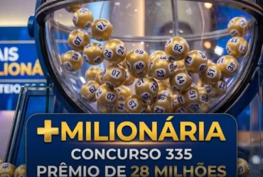 Resultado da +Milionária 335: Confira as dezenas e os trevos de hoje (07/03) 21 Globo de sorteio da +Milionária com bolas numeradas em tons de dourado e azul, apresentando banner com "CONCURSO 335" e "PRÊMIO DE 28 MILHÕES".