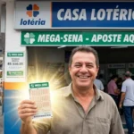 Homem segurando bilhete da Mega-Sena em frente à lotérica