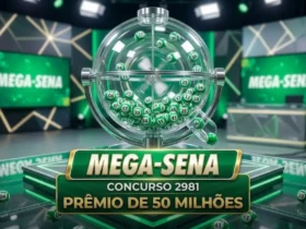 Globo de vidro com bolas numeradas verdes em movimento para o sorteio da Mega-Sena, com banner em destaque informando "MEGA-SENA", "CONCURSO 2981" e "PRÊMIO DE 50 MILHÕES".
