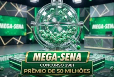 Resultado da Mega-Sena 2981 hoje (07/03): Confira os números sorteados 6 Globo de vidro com bolas numeradas verdes em movimento para o sorteio da Mega-Sena, com banner em destaque informando "MEGA-SENA", "CONCURSO 2981" e "PRÊMIO DE 50 MILHÕES".