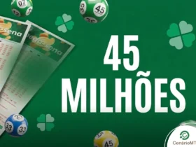 Mega-Sena 2980: prêmio de R$ 45 milhões movimenta sorteio desta quinta (05/03) 3 Banner promocional das Loterias Caixa para a Mega-Sena com o texto "45 MILHÕES" em destaque sobre fundo verde com trevos e volantes de aposta.