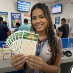 Mulher jovem e sorridente segurando vários volantes da Mega-Sena em uma casa lotérica.