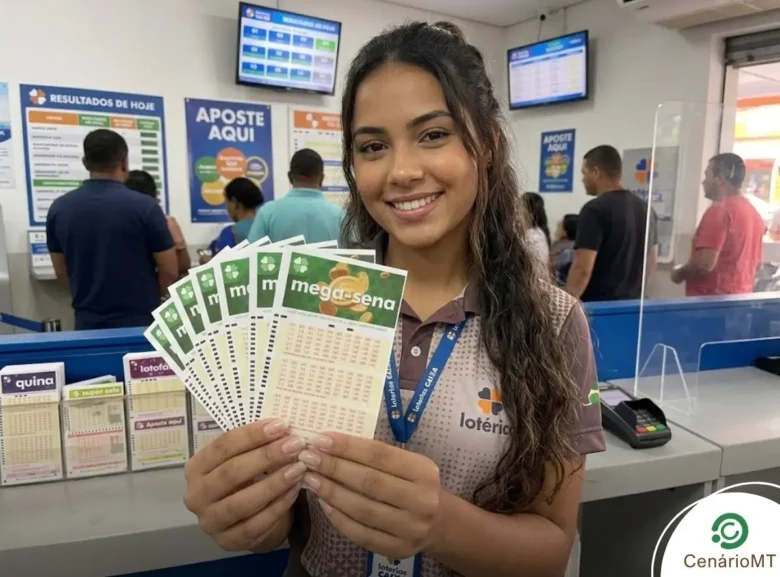 Mulher jovem e sorridente segurando vários volantes da Mega-Sena em uma casa lotérica.