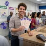 Apostador no balcão de uma lotérica segurando três bilhetes da Quina 6971.