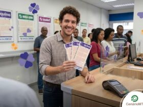 Apostador no balcão de uma lotérica segurando três bilhetes da Quina 6971.